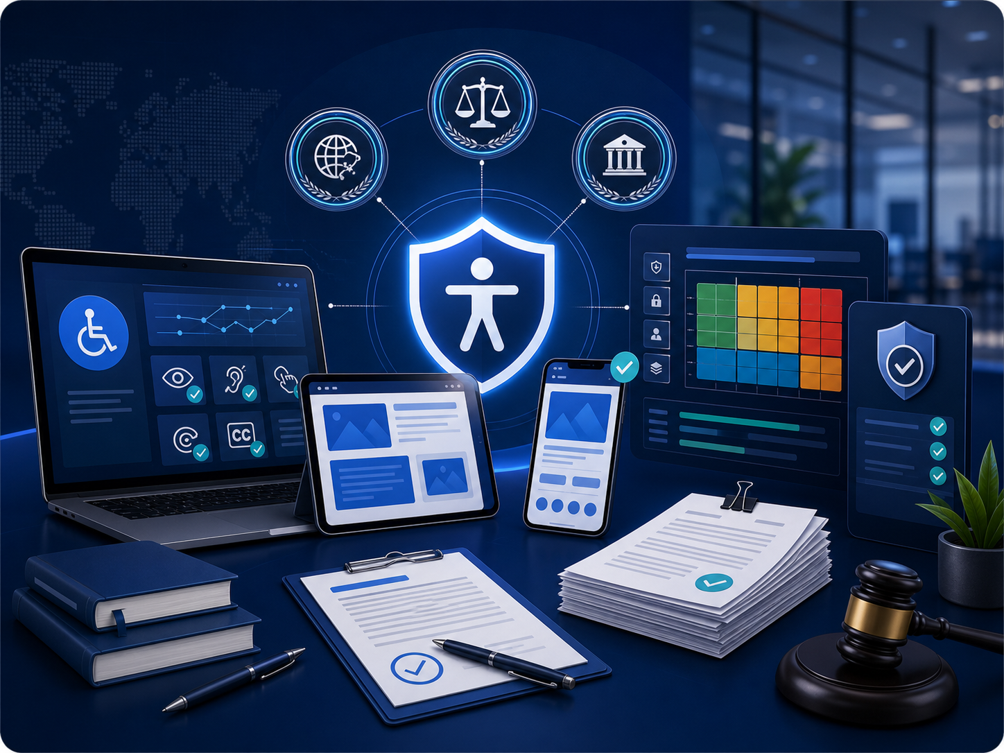 Accessibility compliance dashboard showing governance controls and accessible product screens