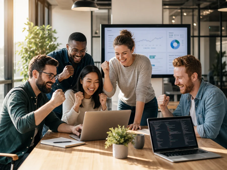 Team celebrating a product launch