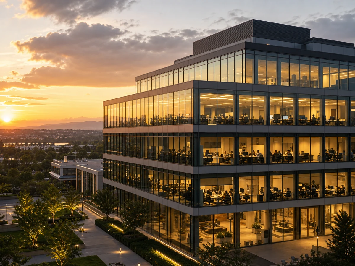 Modern technology office headquarters at sunset